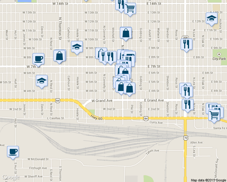 map of restaurants, bars, coffee shops, grocery stores, and more near Mitchell St & W 4th St in Clovis