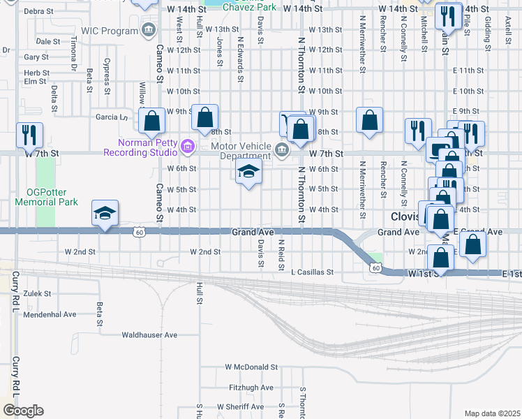 map of restaurants, bars, coffee shops, grocery stores, and more near 400 Davis Street in Clovis