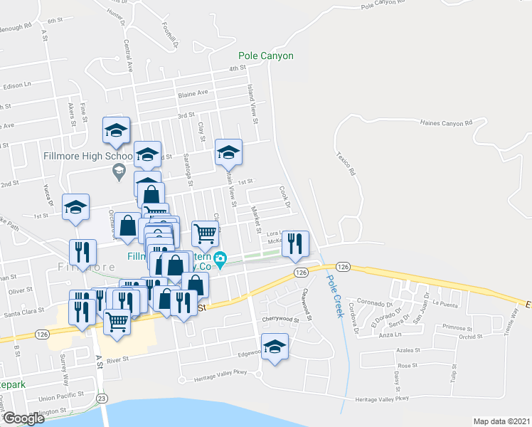 map of restaurants, bars, coffee shops, grocery stores, and more near 231 Casner Way in Fillmore