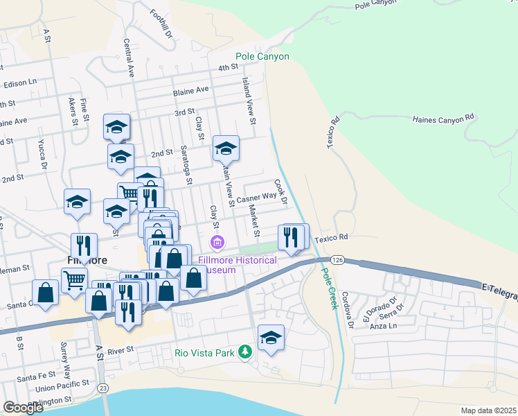 map of restaurants, bars, coffee shops, grocery stores, and more near 231 Casner Way in Fillmore