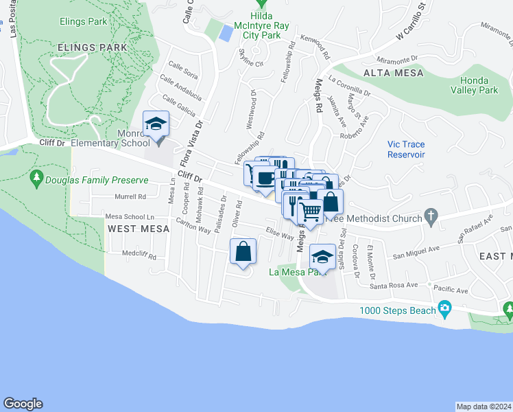 map of restaurants, bars, coffee shops, grocery stores, and more near 2102 Cliff Drive in Santa Barbara