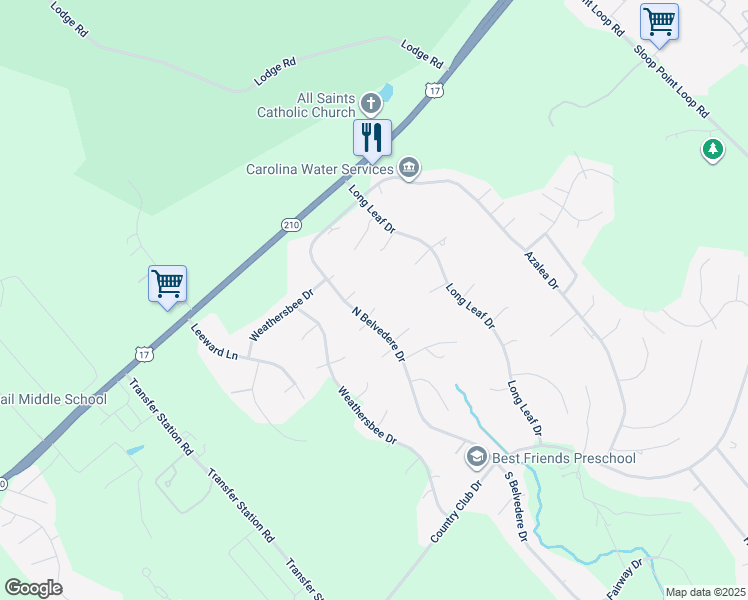 map of restaurants, bars, coffee shops, grocery stores, and more near 107 Sweet Bay Court in Hampstead