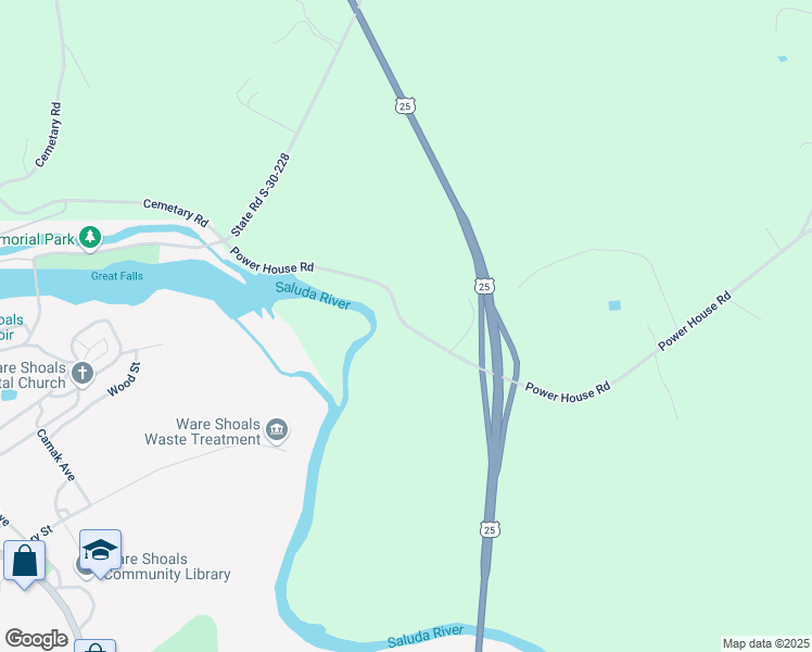 map of restaurants, bars, coffee shops, grocery stores, and more near 1351 Power House Road in Ware Shoals