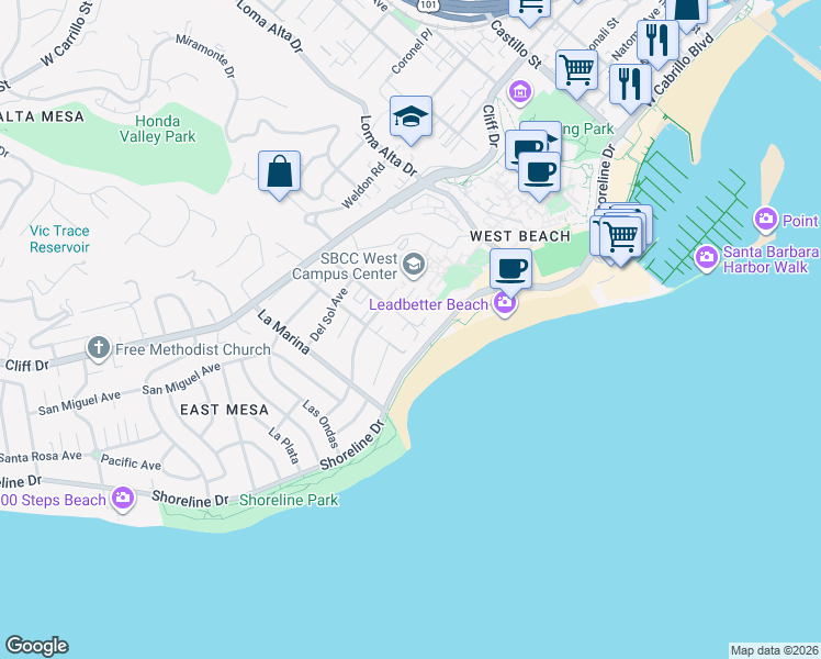 map of restaurants, bars, coffee shops, grocery stores, and more near 101 Oceano Avenue in Santa Barbara