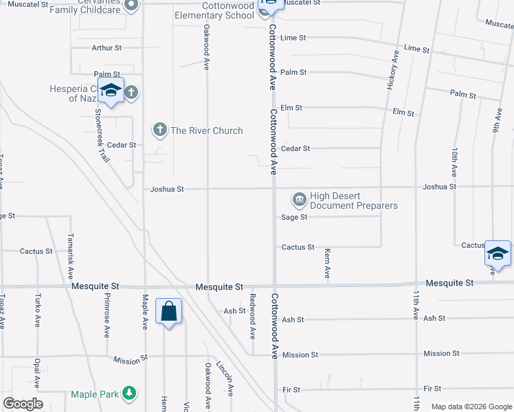 map of restaurants, bars, coffee shops, grocery stores, and more near 8324 Cottonwood Avenue in Hesperia