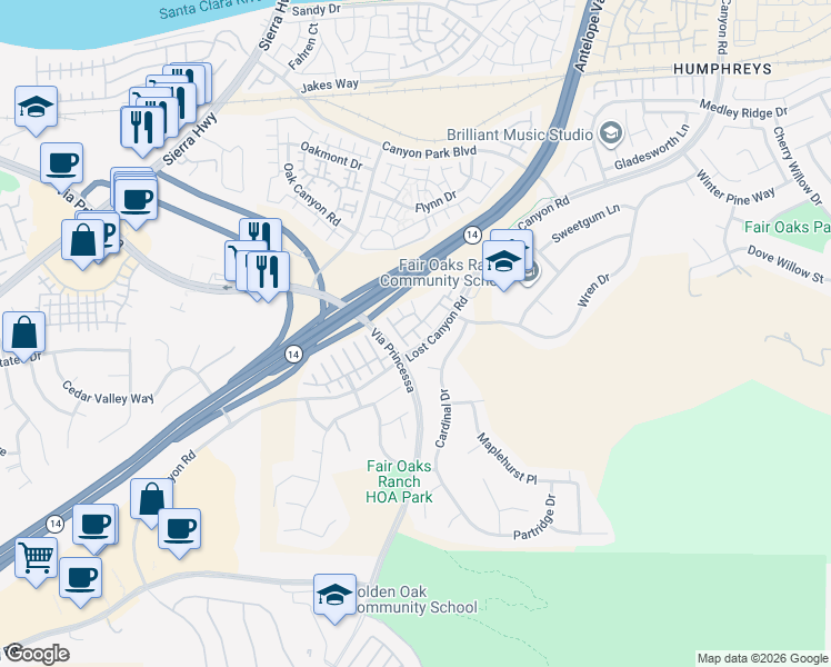 map of restaurants, bars, coffee shops, grocery stores, and more near in Santa Clarita
