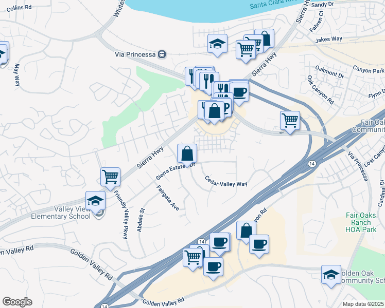 map of restaurants, bars, coffee shops, grocery stores, and more near 18836 Vista Del Canon in Santa Clarita