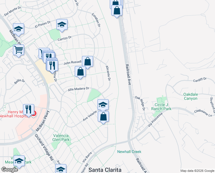map of restaurants, bars, coffee shops, grocery stores, and more near 25583 Alicante Drive in Santa Clarita