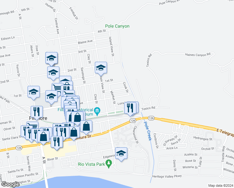 map of restaurants, bars, coffee shops, grocery stores, and more near 217 Sespe Avenue in Fillmore
