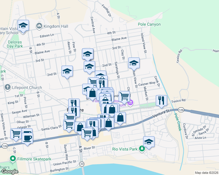 map of restaurants, bars, coffee shops, grocery stores, and more near 435 Fillmore Street in Fillmore
