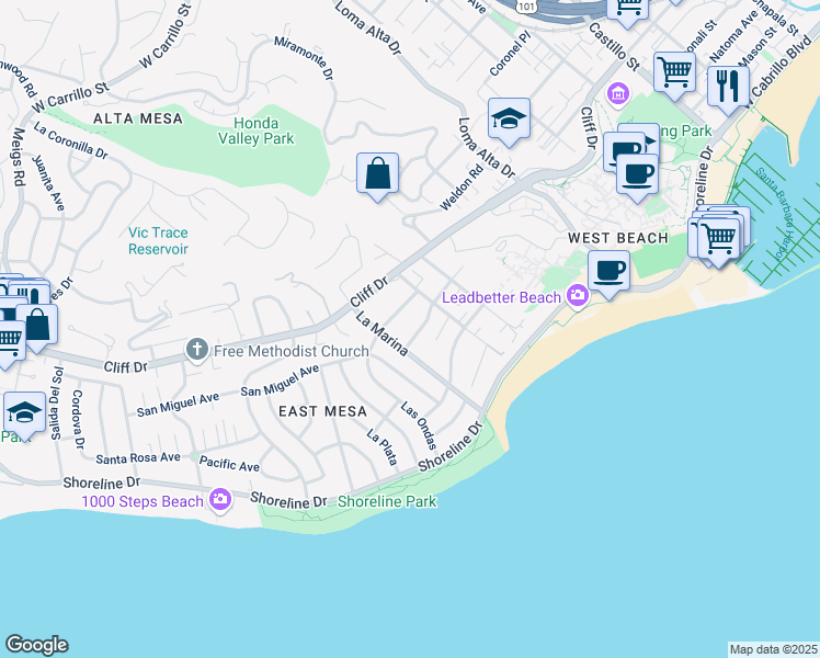 map of restaurants, bars, coffee shops, grocery stores, and more near 1113 Las Olas Avenue in Santa Barbara