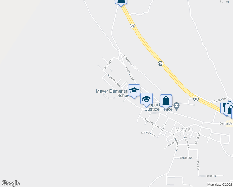 map of restaurants, bars, coffee shops, grocery stores, and more near 12345 East Main Street in Mayer