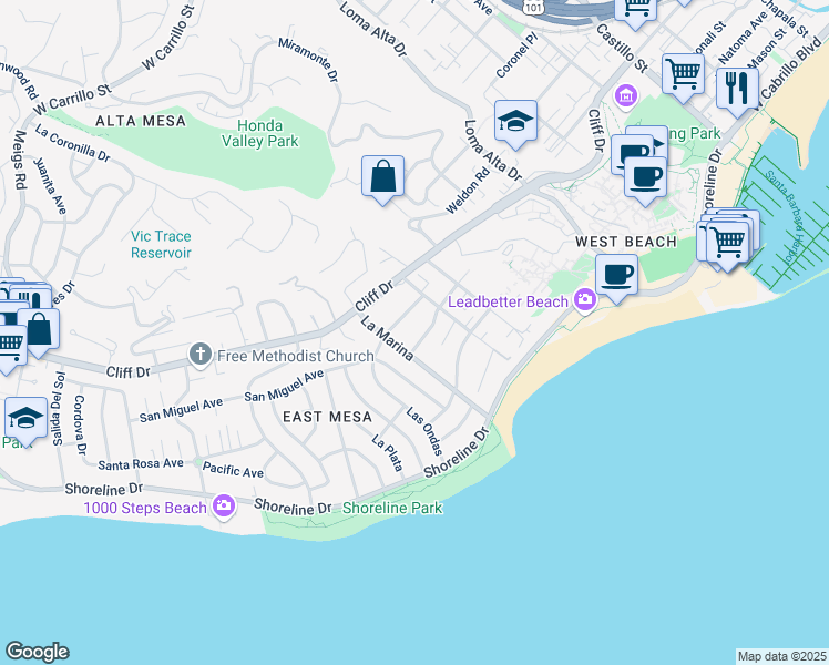map of restaurants, bars, coffee shops, grocery stores, and more near 1113 Las Olas Avenue in Santa Barbara