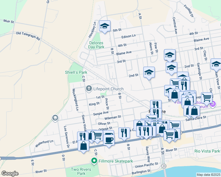 map of restaurants, bars, coffee shops, grocery stores, and more near 939 Meadowlark Drive in Fillmore