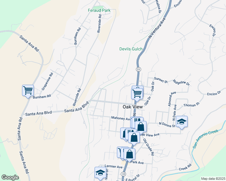 map of restaurants, bars, coffee shops, grocery stores, and more near 2 Mountain View Street in Oak View