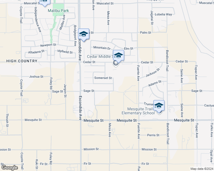 map of restaurants, bars, coffee shops, grocery stores, and more near 13503 Morningside Street in Hesperia