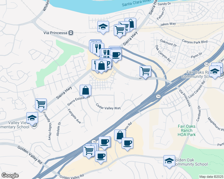 map of restaurants, bars, coffee shops, grocery stores, and more near 18740 Vista Del Canon in Santa Clarita