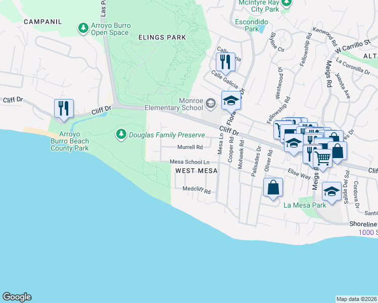 map of restaurants, bars, coffee shops, grocery stores, and more near 2506 Murrell Road in Santa Barbara