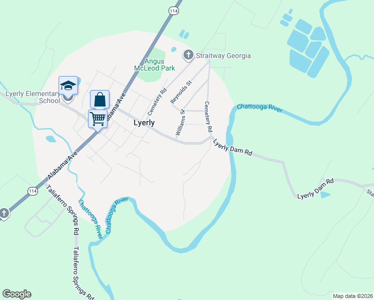 map of restaurants, bars, coffee shops, grocery stores, and more near 372 Lyerly Dam Road in Lyerly