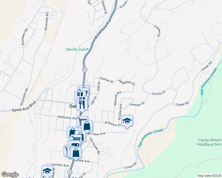 map of restaurants, bars, coffee shops, grocery stores, and more near 358 Sunset Court in Oak View