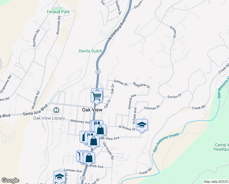 map of restaurants, bars, coffee shops, grocery stores, and more near 130 Oak Drive in Oak View
