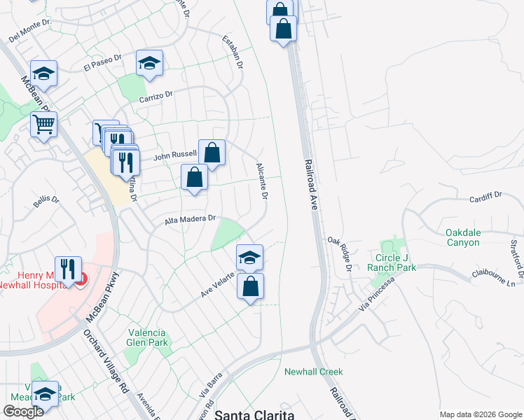 map of restaurants, bars, coffee shops, grocery stores, and more near 25603 Alicante Drive in Santa Clarita