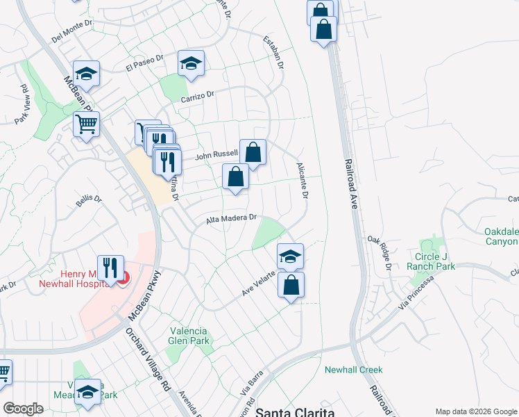 map of restaurants, bars, coffee shops, grocery stores, and more near 25661 Almendra Drive in Santa Clarita