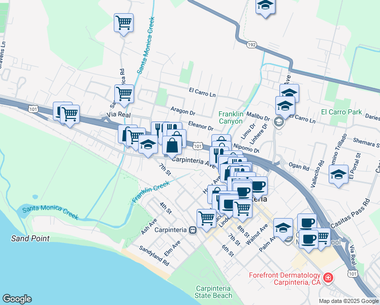 map of restaurants, bars, coffee shops, grocery stores, and more near 1427 Lavender Court in Carpinteria