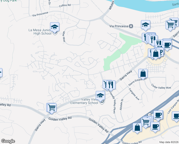 map of restaurants, bars, coffee shops, grocery stores, and more near 26498 Oak Highland Drive in Santa Clarita
