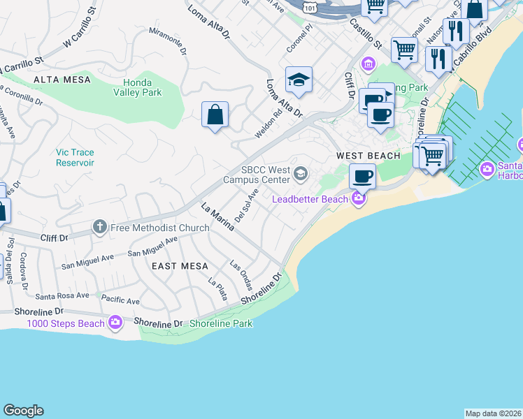 map of restaurants, bars, coffee shops, grocery stores, and more near 220 Barranca Avenue in Santa Barbara