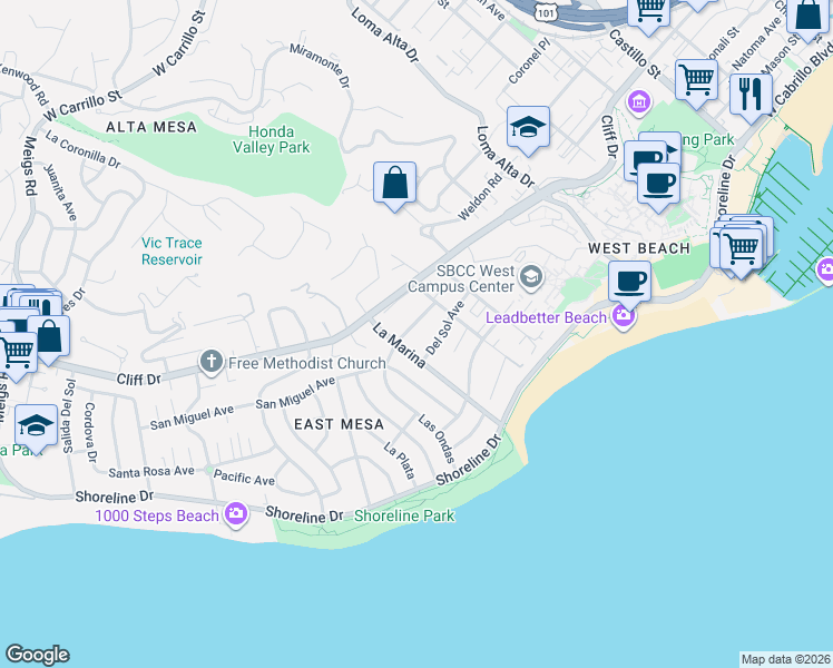 map of restaurants, bars, coffee shops, grocery stores, and more near 1113 Las Olas Avenue in Santa Barbara