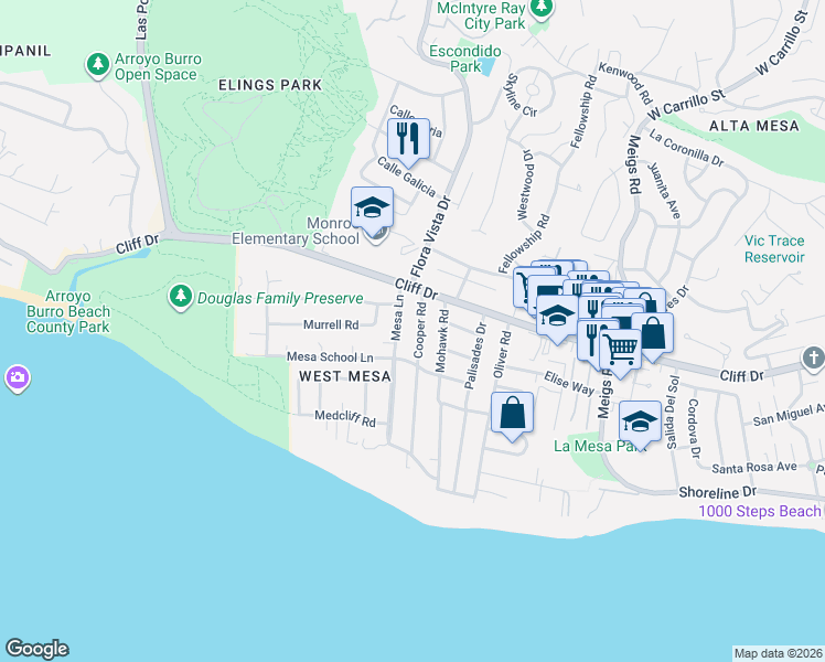 map of restaurants, bars, coffee shops, grocery stores, and more near 338 Mesa Lane in Santa Barbara