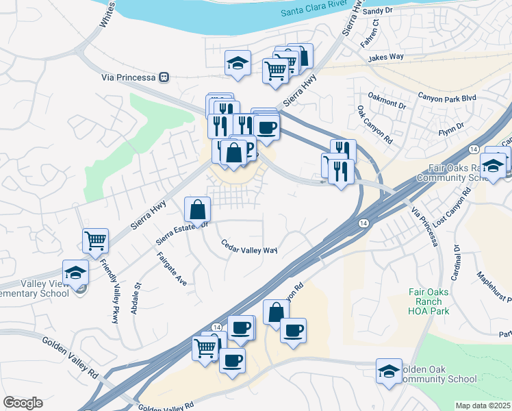 map of restaurants, bars, coffee shops, grocery stores, and more near 18736 Vista Del Canon in Santa Clarita