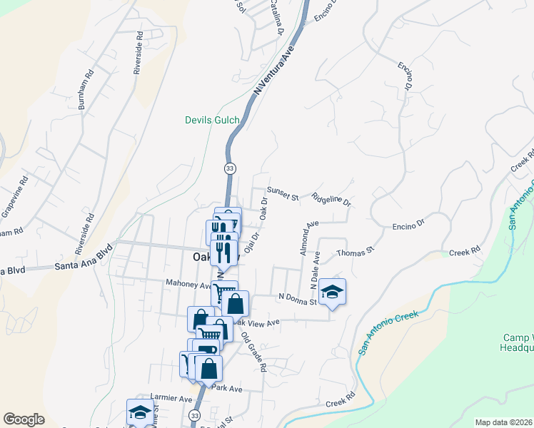 map of restaurants, bars, coffee shops, grocery stores, and more near 130 Oak Drive in Oak View