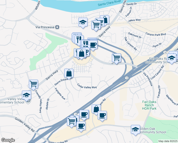 map of restaurants, bars, coffee shops, grocery stores, and more near 18736 Vista Del Canon in Santa Clarita