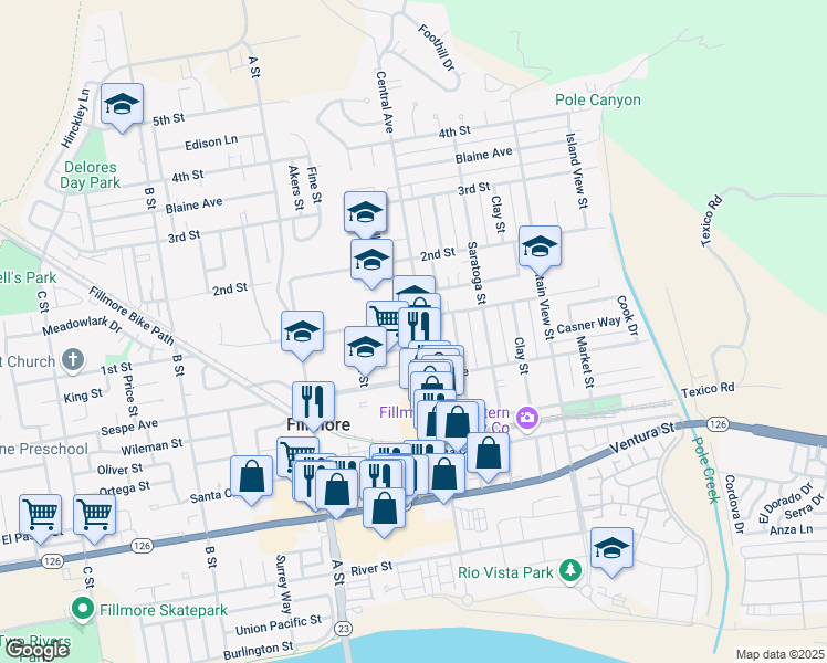 map of restaurants, bars, coffee shops, grocery stores, and more near 458 Central Avenue in Fillmore