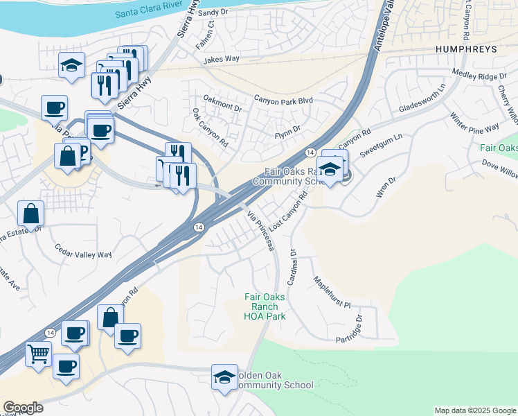 map of restaurants, bars, coffee shops, grocery stores, and more near 17973 Lost Canyon Road in Los Angeles County