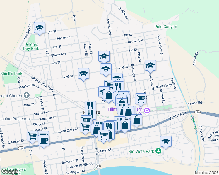 map of restaurants, bars, coffee shops, grocery stores, and more near 534 1st Street in Fillmore
