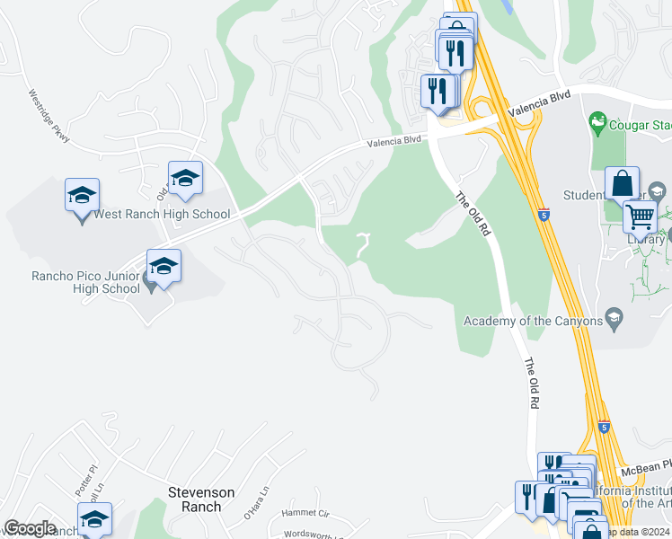 map of restaurants, bars, coffee shops, grocery stores, and more near 26432 Black Oak Drive in Los Angeles County