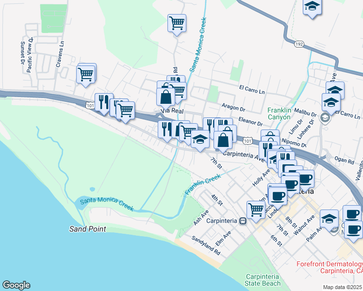 map of restaurants, bars, coffee shops, grocery stores, and more near 4488 Carpinteria Avenue in Carpinteria