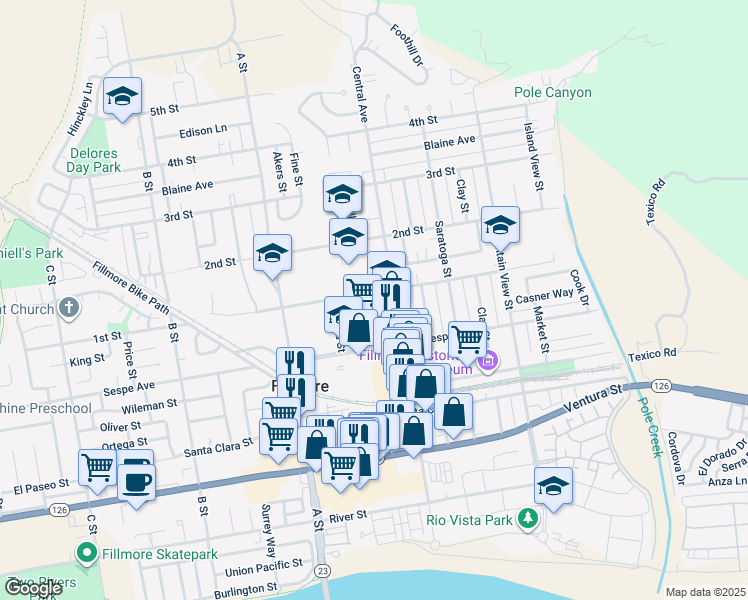 map of restaurants, bars, coffee shops, grocery stores, and more near 534 1st Street in Fillmore
