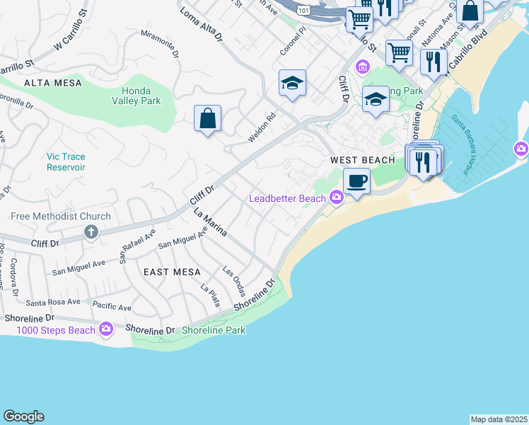map of restaurants, bars, coffee shops, grocery stores, and more near 123 Oceano Avenue in Santa Barbara