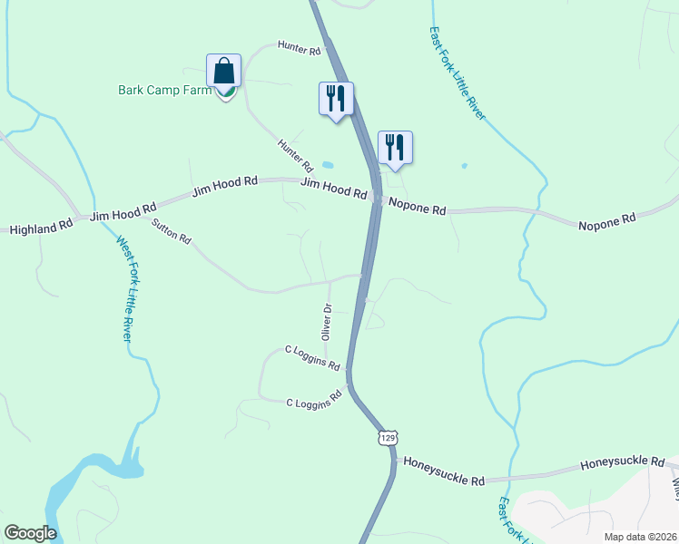 map of restaurants, bars, coffee shops, grocery stores, and more near 4010 Sutton Road in Gainesville