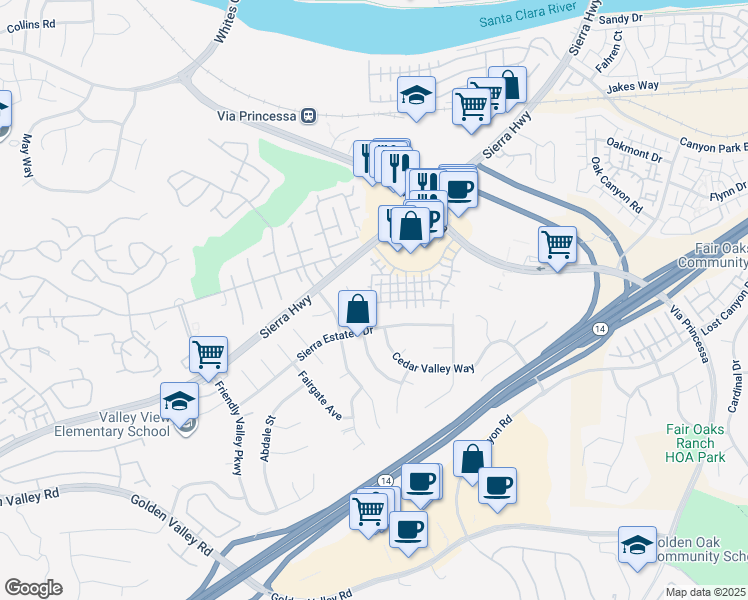 map of restaurants, bars, coffee shops, grocery stores, and more near 18848 Vista Del Canon in Santa Clarita