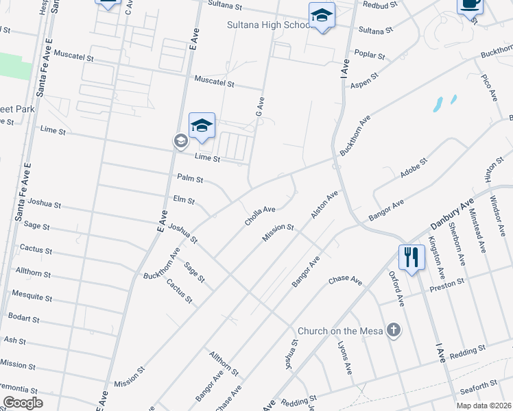 map of restaurants, bars, coffee shops, grocery stores, and more near 17090 Cholla Avenue in Hesperia