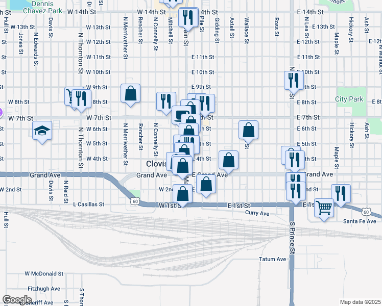 map of restaurants, bars, coffee shops, grocery stores, and more near 409 North Main Street in Clovis