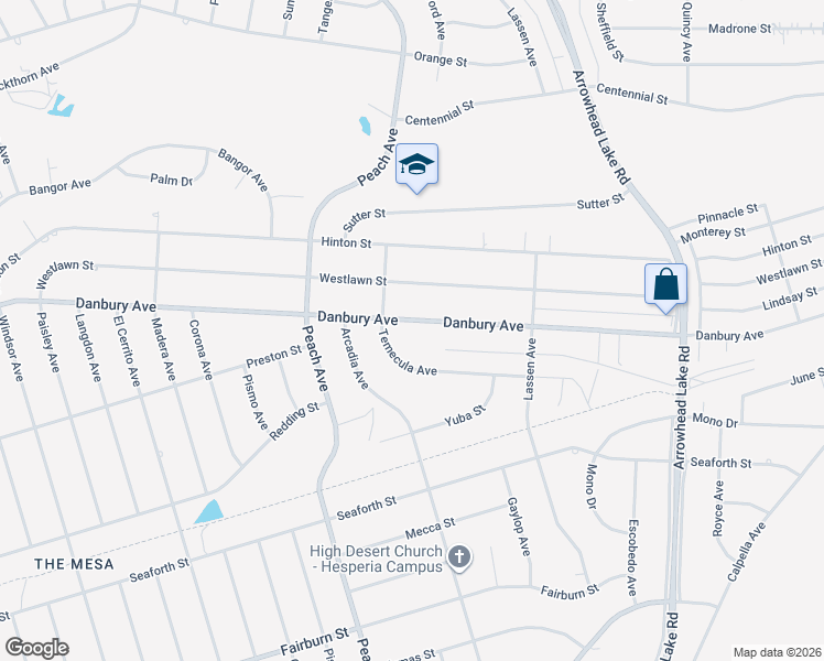 map of restaurants, bars, coffee shops, grocery stores, and more near 18465 Danbury Avenue in Hesperia