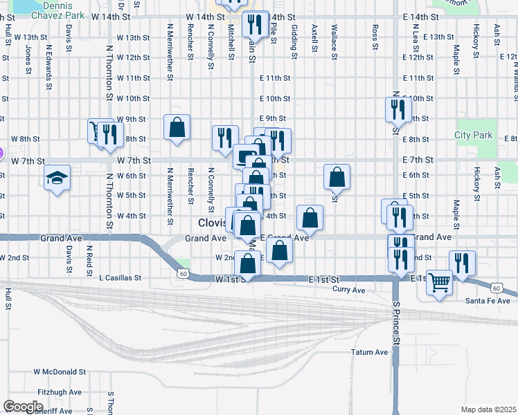 map of restaurants, bars, coffee shops, grocery stores, and more near 409 North Main Street in Clovis