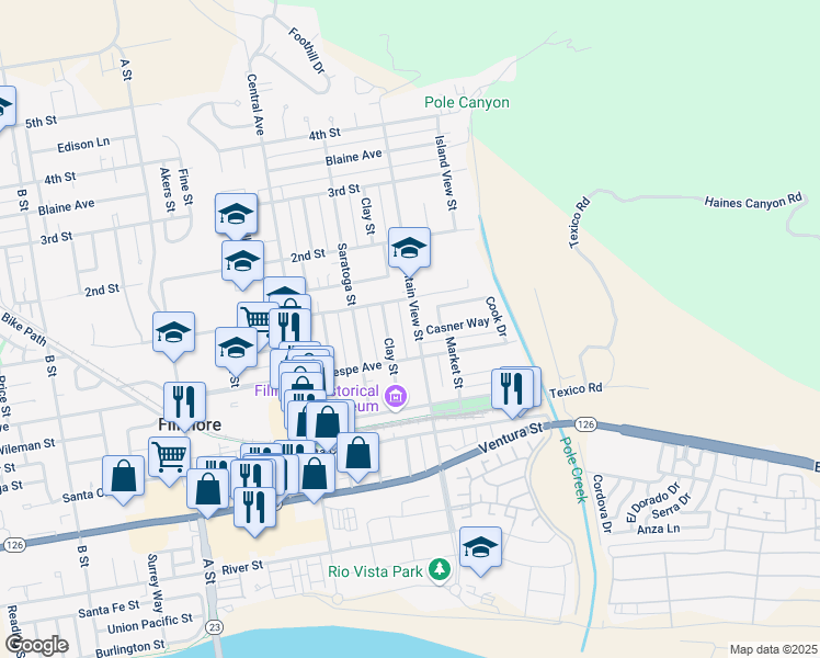 map of restaurants, bars, coffee shops, grocery stores, and more near 441 Mountain View Street in Fillmore