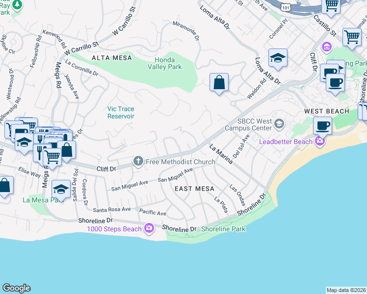 map of restaurants, bars, coffee shops, grocery stores, and more near 410 Terrace Road in Santa Barbara
